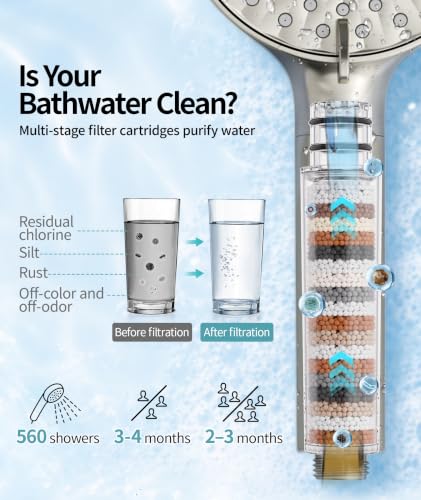 Filtered Shower Head with Handheld High Pressure 9 Spray Mode Showerhead Detachable Shower Head Water Softener Filters Beads for Hard Water Remove Chlorine 1 Filter Brushed Nickel