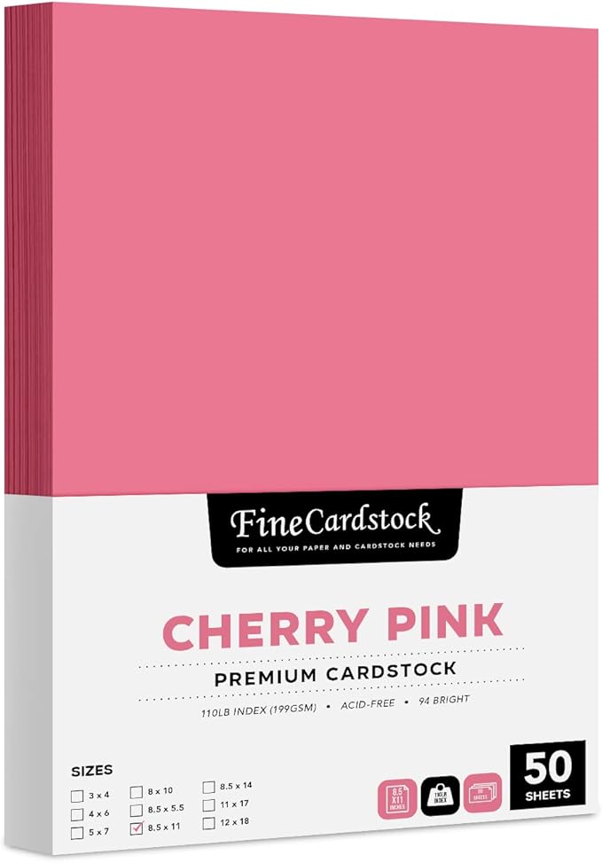 8.5 x 11" Cherry Pink Pastel Color Cardstock Paper – Great for Arts & Crafts, Wedding Invitations, Cards and Stationery Printing | Medium to Heavy Card Stock 110lb Index (199gsm) | 50 Sheets per Pack