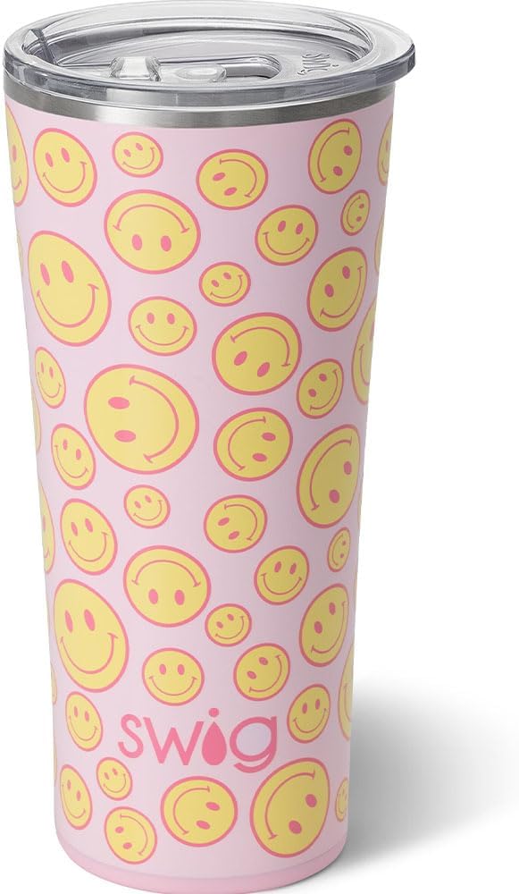 Swig Life 22oz Insulated Tumbler, Travel Coffee Tumbler with Lid, Cup Holder Friendly Travel Coffee Mug, Stainless Steel (Oh Happy Day)