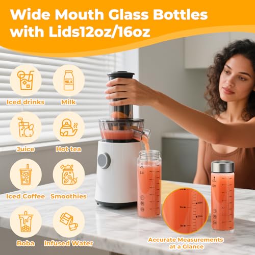 Wide Mouth Borosilicate Glass Juice Bottles 12oz 6 Pack with Lids