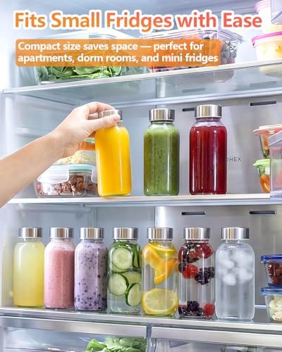 8 oz Small Glass Juice Bottles with Stainless Steel Lids Leak Proof (16 Count)