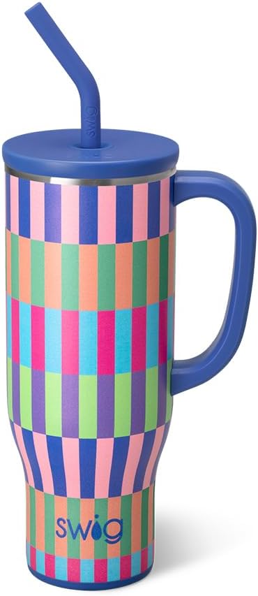 Swig Life 30oz Mega Mug, 30oz Tumbler with Handle and Straw, Large Insulated Tumblers, Cup Holder Friendly Travel Mug, Stainless Steel 30 oz Tumbler, Reusable Insulated Water Bottle (Brite Stripe)