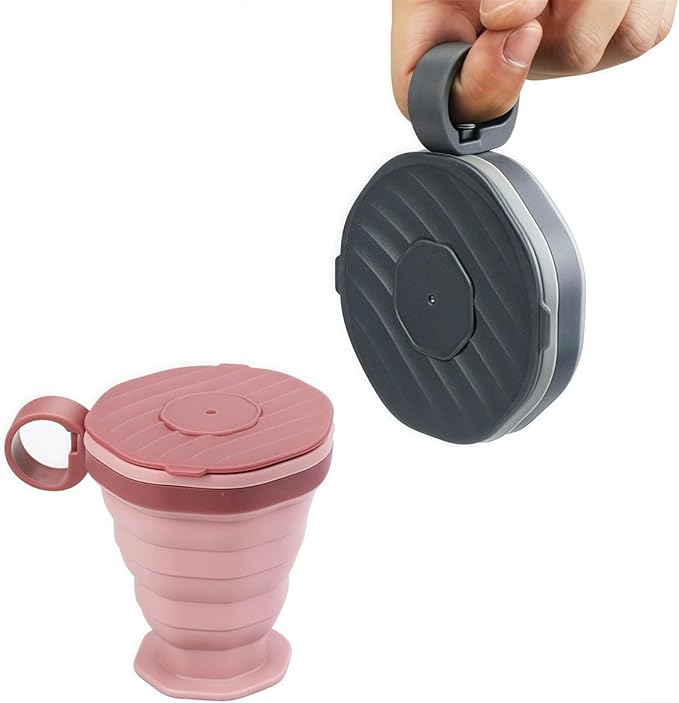 Foldable Silicone Water Cup with Leak-Proof Lid for Hot or Cold Drinks, Portable Coffee and Tea Mug for Hiking, Camping, Travel Outdoors, Easy to Clean and Pocket Size(Pink)