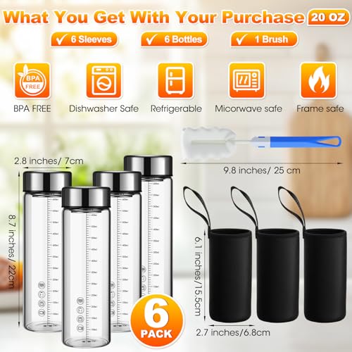 6 Pack 20 Oz Wide Mouth Glass Juice Bottles Glass Water Bottles with Lids and Sleeve for Juicing Smoothies Milk Protein Infused Water Reusable Leakproof Borosilicate Bottle (6 Count)