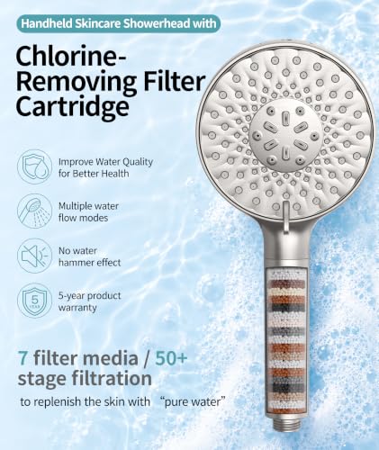 Filtered Shower Head with Handheld High Pressure 9 Spray Mode Showerhead Detachable Shower Head Water Softener Filters Beads for Hard Water Remove Chlorine 1 Filter Brushed Nickel