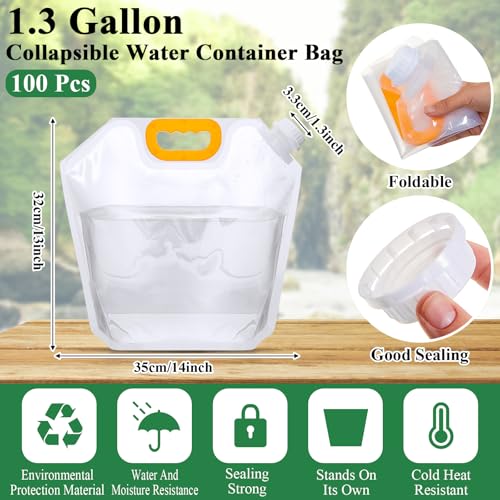 100 Pcs 1.3 Gallon Collapsible Water Storage Bag Emergency Jug Container Clear Plastic Water Bladder for Outdoor Sport Camping Hiking No Leak (100 Count)