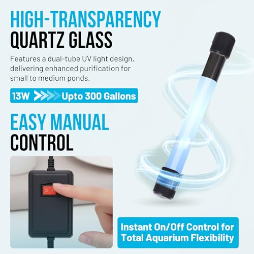 13W UV Water Sterilizer with 9.84 ft Cable for up to 300 Gallon Aquariums