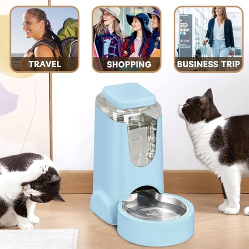 Portable Automatic Cat Feeder and Water Dispenser with Stainless Steel Bowl Dog Gravity Food Feeder and Waterer for Small Medium Pets Puppy Kitten 1 Gallon x 2