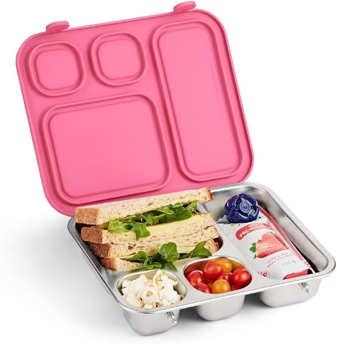 Elk and Friends Kids Stainless Steel Bento Box with Silicone Lid | Leak-proof | Toddler Lunch Container | 4 Compartments | Dishwasher Safe