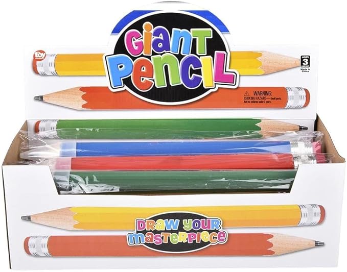Zugar Land Giant Pencil 15" (4 Colors Available: Orange, Yellow, Blue and Green) Real Wood. Already Sharpened. Large Wooden Jumbo Pencils with Pink Top Erasers (24 Pack in Display Box)