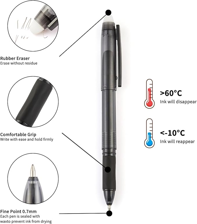 Volcanics 12 Pack Erasable Gel Pens, 0.7mm Capped Friction Pens for Note Taking and Crosswords, 6 Soft Black and 6 Blue Ink Pens with Soft Comfort Grip for Home and Office