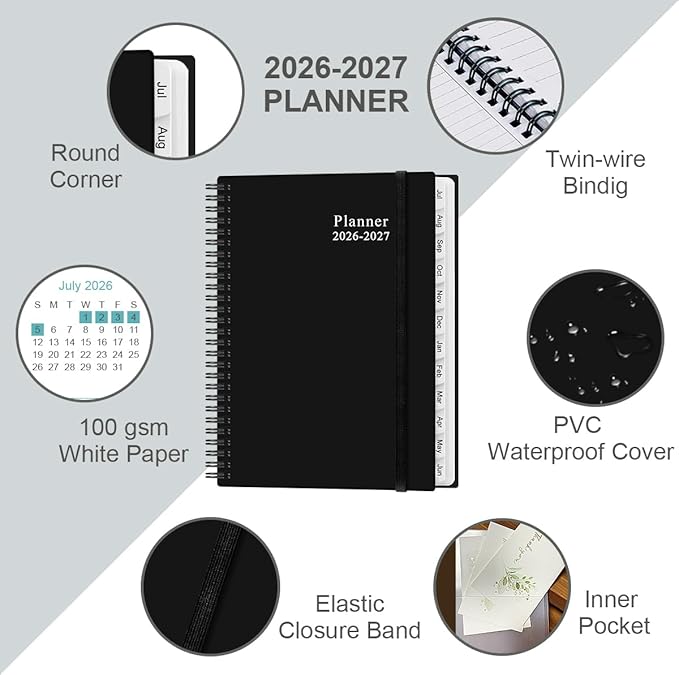 2026-2027 Planner - Planner 2026-2027 from July 2026 - June 2026, Weekly & Monthly Planner Spiral Bound with 12 Monthly Tabs, Inner Pocket, 6.4" x 8.5", Black-E