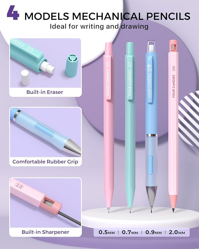 Four Candies 36PCS Aesthetic School Supplies, Mechanical Pencils 0.5mm, 0.7mm, 0.9mm & 2.0mm with 624PCS Lead Refills, Cute Mechanical Pencils for Writing, Drawing & Drafting (Pink)