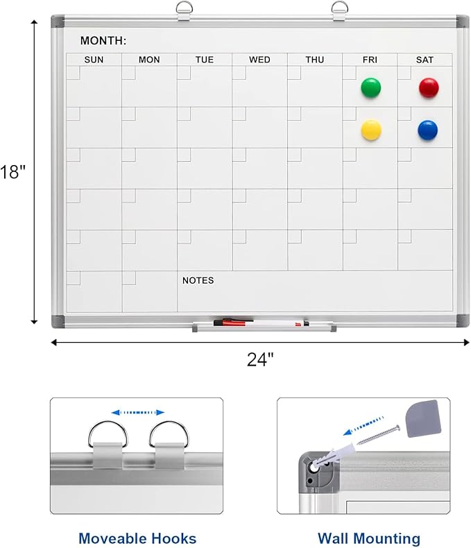 Comix Magnetic Dry Erase Calendar Whiteboard, 24 x 18 Inches Monthly Calendar Dry Erase Board for Wall, Aluminum Frame Planner White Board with Markers, Eraser, Magnets