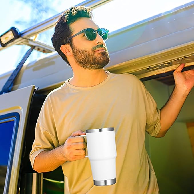 VEGOND 20 oz Tumbler with Handle Lid and Straw, Stainless Steel Insulated Travel Coffee Mug Spill Proof Double Wall Metal Tumbler Cup Keeps Drink Hot and Cold, White 1 Pack