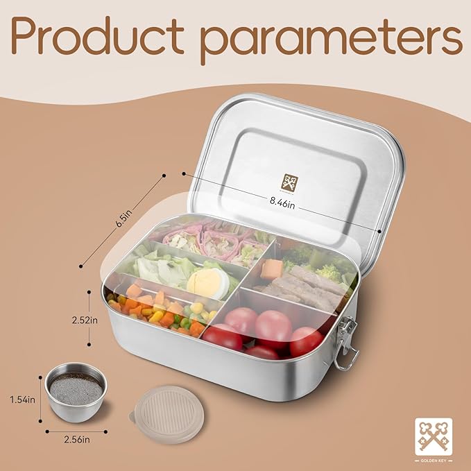 GOLDEN KEY 47QZ Stainless Steel Bento Box with 5 Compartments,1400ml Large & Thickened Metal Lunch Box for Kids or Adults,Eco-friendly Leak-Proof Container with Lockable Clips