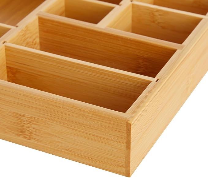 Juvale Drawer Organizer Tray - 8-Slot Drawer Divider for Utensils - Versatile Silverware Holder - Desk Tray for Office Supplies - 14 x 10 x 2 in, Brown, Bamboo