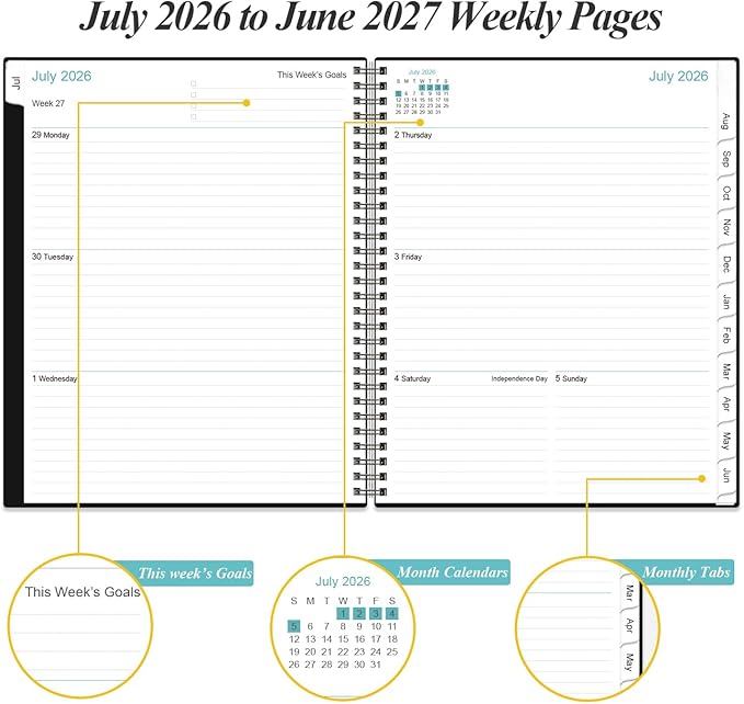 2026-2027 Planner - Planner 2026-2027 from July 2026 - June 2026, Weekly & Monthly Planner Spiral Bound with 12 Monthly Tabs, Inner Pocket, 6.4" x 8.5", Black-E