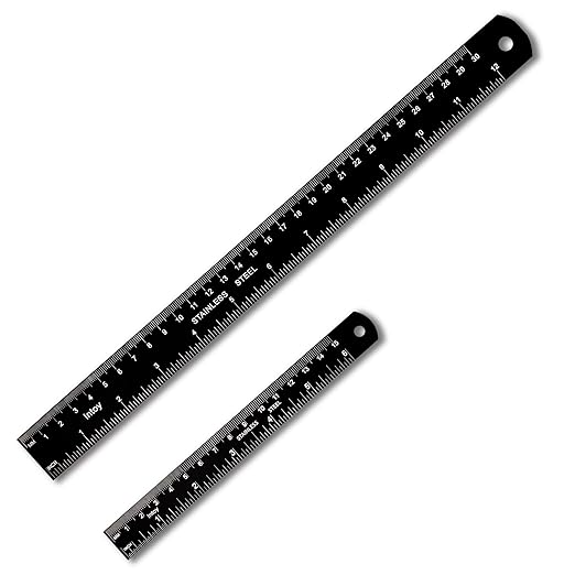 Metal Ruler Kit 12 Inch and 6 Inch, Stainless Steel Rulers with Centimeters, Millimeters, Inches and Conversion Table for Office and School, Easy to Read Metric Rule Set, 2 Pack