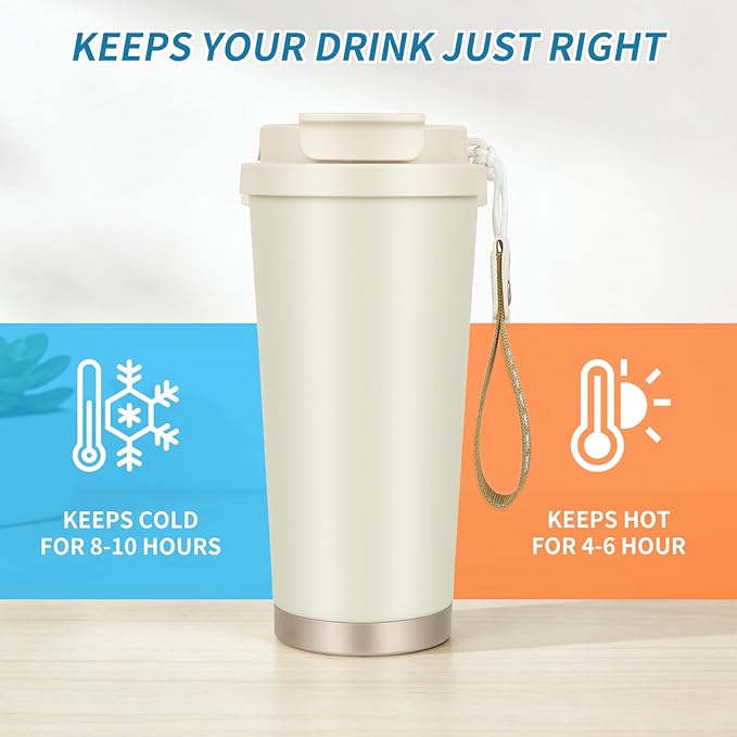 Stainless steel insulated Tumbler Portable leak-proof coffee mug 18oz sports water Bottle suitable for car cup holder BPA-free insulated water bottle for sports，school，travel，Simple White