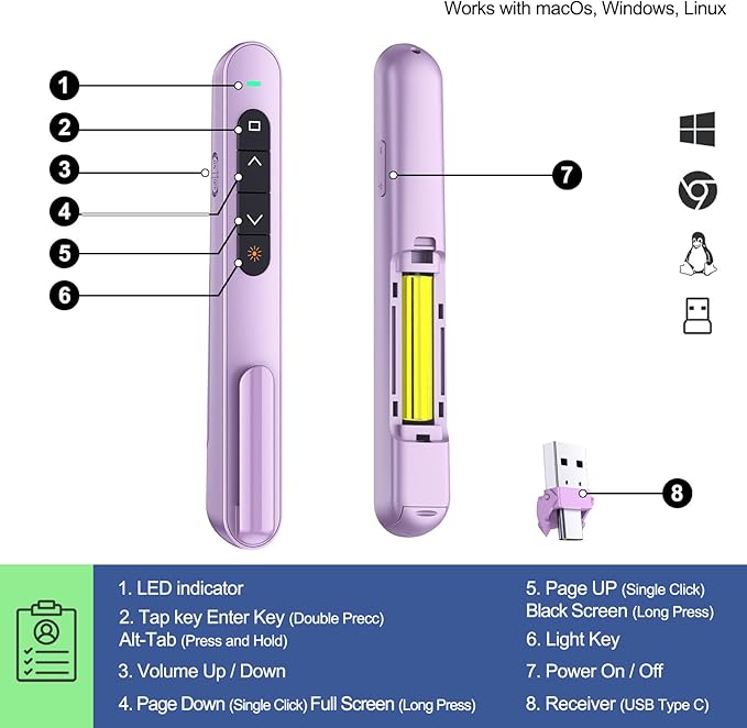 QUI 2 Pack Presentation Clicker, Hyperlink Volume Control Wireless Presenter, RF 2.4GHz USB Presentation Remote Control,PowerPoint Clicker Slide Advancer for Computer, Laptop, Mac (USB Type-c, Purple)