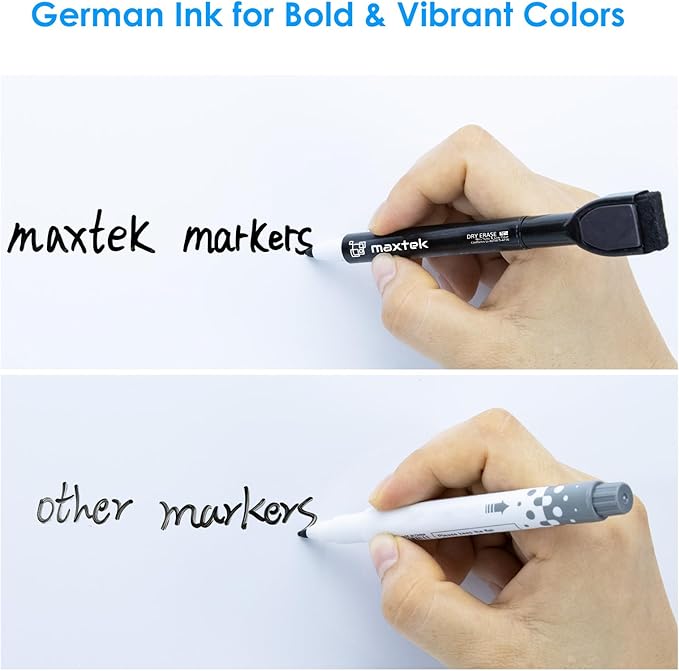maxtek Magnetic Black Dry Erase Markers, 6 Count Fine Tip Whiteboard Markers with Eraser, Thin Markers Low Odor for Classroom, Office, Home
