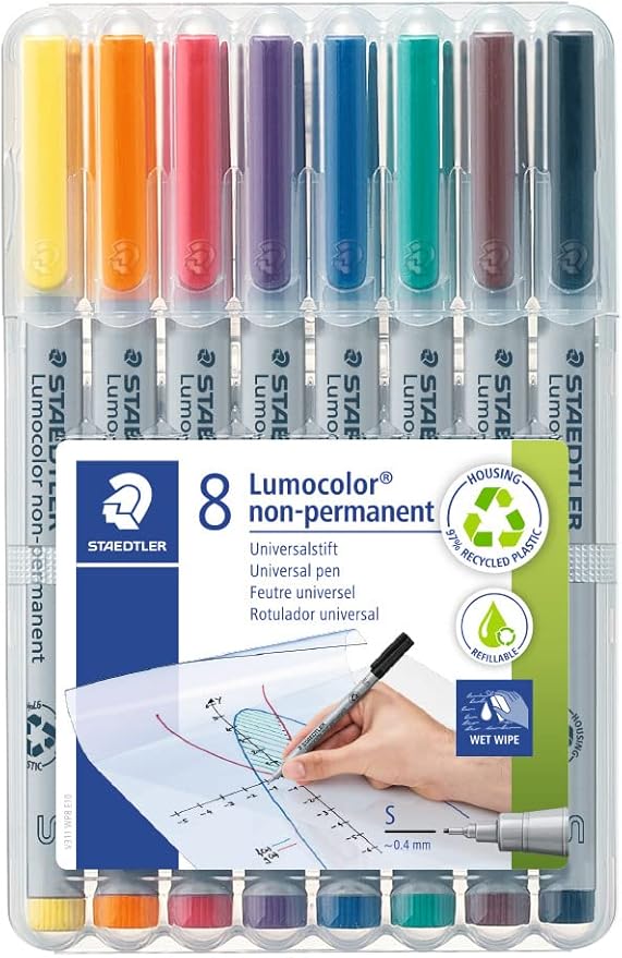 Staetdler Lumograph Non-Permanent Wet Erase Marker Pen, Low Odor Colored Markers, 8 Pack Assorted Colors, 311-WP8