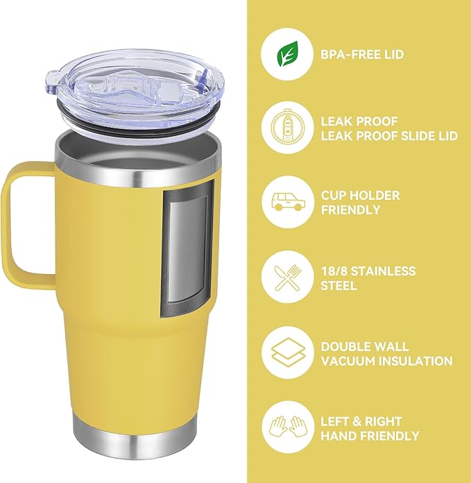 VEGOND 20 oz Tumbler with Handle Lid and Straw, Stainless Steel Insulated Travel Coffee Mug Spill Proof Double Wall Metal Tumbler Cup Keeps Drink Hot and Cold, Yellow 1 Pack