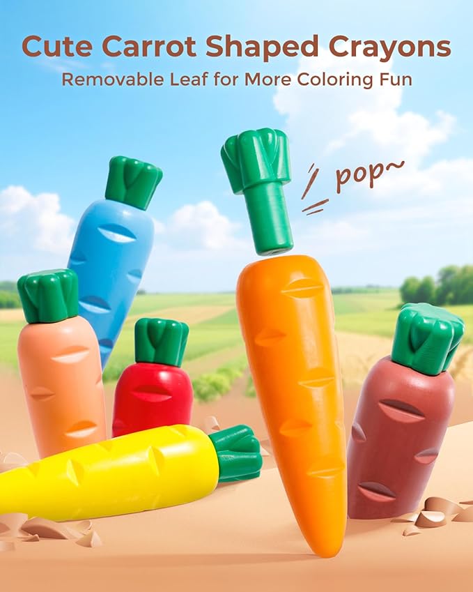 JUPITEARTH Carrot Crayons for Kids 24 Colors, Non Toxic Beeswax Crayons for Toddlers 1-3 with 30-Page Coloring Book & Stickers & 120 PDF Pages, Mess-Free Coloring for Kids Art Supplies Gift