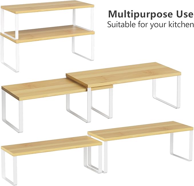 NEX Kitchen Cabinet and Counter Shelf Organizer, Stackable & Expandable, Set of 4, White and Natural - 7.7 x 15.6 x 6.2''
