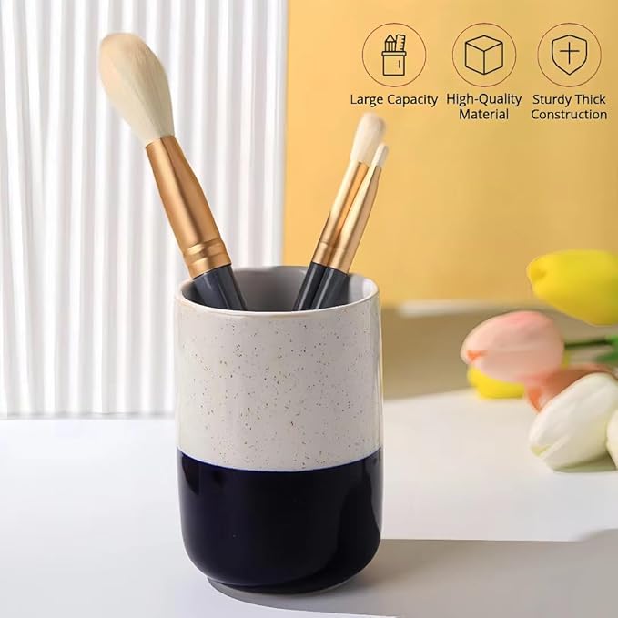 Cute Ceramic Pen Holder for Desk Office Supplies Cubicle Decor Kawaii Workspace Accessories Boho Makeup Organizer for Women Girls Pencil Cup Aesthetic Caddy for Home Office (Yellow Stripe)