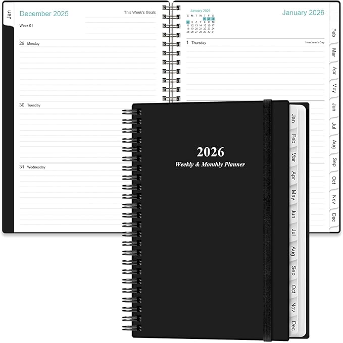 Planner 2026 - A5 Weekly & Monthly Planner Spiral Bound, January 2026 - December 2026, with Flexible Cover, Tabs, Inner Pocket, 6.4" x 8.5", Black