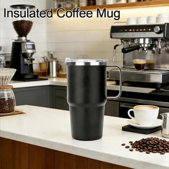Sursip Insulated Coffee Mug with Handle and Lid, 24 oz Double Wall Vacuum Travel Thermal Coffee Tumbler with Straw for Home, Office Stainless Steel Coffee Cup - Leak proof, BPA Free(Green/Pink-1 Pack)