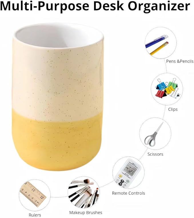 Cute Ceramic Pen Holder for Desk Office Supplies Cubicle Decor Kawaii Workspace Accessories Boho Makeup Organizer for Women Girls Pencil Cup Aesthetic Caddy for Home Office (Yellow Stripe)
