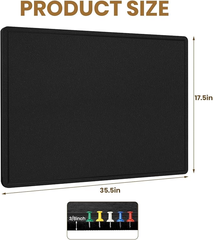 Bulletin Board - 35 x 17.5 inches Decorative Felt Pin Board - Cork Board Alternative for Wall - Foldable Photo Board Self-Adhesive Prayer Board with 20 Pushpins - Black