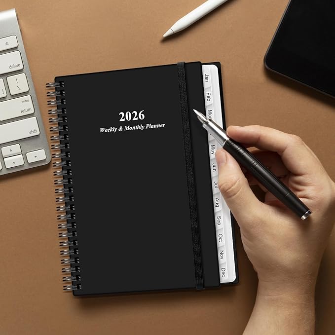 Planner 2026 - A5 Weekly & Monthly Planner Spiral Bound, January 2026 - December 2026, with Flexible Cover, Tabs, Inner Pocket, 6.4" x 8.5", Black