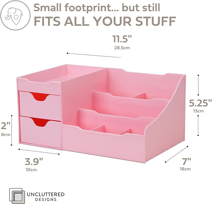 Uncluttered Designs Makeup Organizer With Drawers - Cute Kawaii Countertop Storage for Cosmetics, Pretty Vanity Holder for Perfume, Skincare, Brush, Lipstick, Nail Polish and other Accessories (Pink)