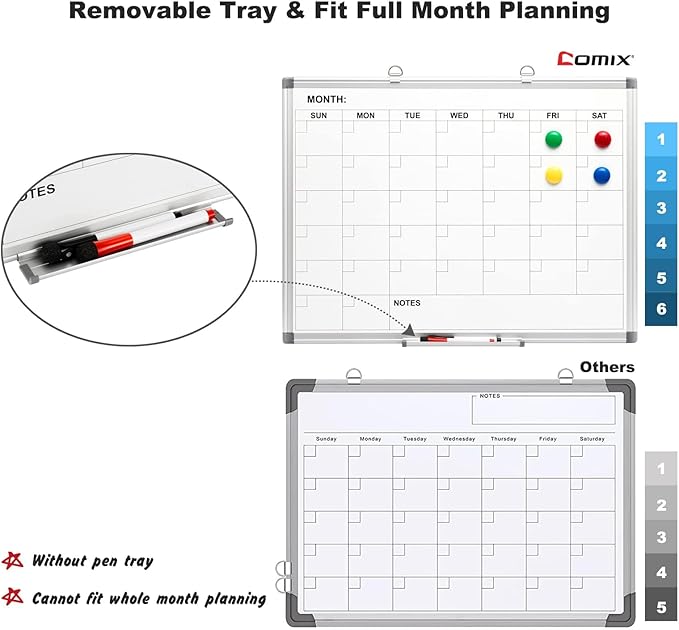 Comix Magnetic Dry Erase Calendar Whiteboard, 24 x 18 Inches Monthly Calendar Dry Erase Board for Wall, Aluminum Frame Planner White Board with Markers, Eraser, Magnets