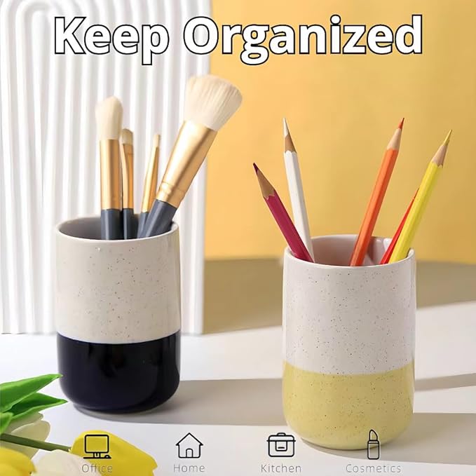 Cute Ceramic Pen Holder for Desk Office Supplies Cubicle Decor Kawaii Workspace Accessories Boho Makeup Organizer for Women Girls Pencil Cup Aesthetic Caddy for Home Office (Yellow Stripe)