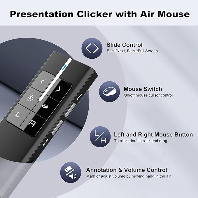 Norwii N99 Air Mouse Presentation Clicker with Pointer, Rechargeable Clicker for PowerPoint presentations, PowerPoint Clicker, Presentation Remote, Wireless Presenter, Handle Mouse - Black