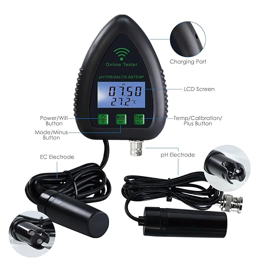 5-in-1 WiFi pH Monitor, Water Quality Tester, pH/S.G/TDS/Salt/Temperature 24/7 Online Hydroponic Monitoring WiFi Tester with Data Logging and Alarm for Aquarium Fish Pond Saltwater Pool