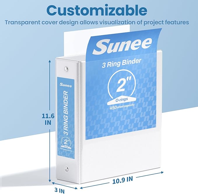 SUNEE 3 Ring Binder 2 Inch 2 Pack, Clear View Three Ring PVC-Free (Fit 8.5x11 Inches) for School or Office Supplies, White