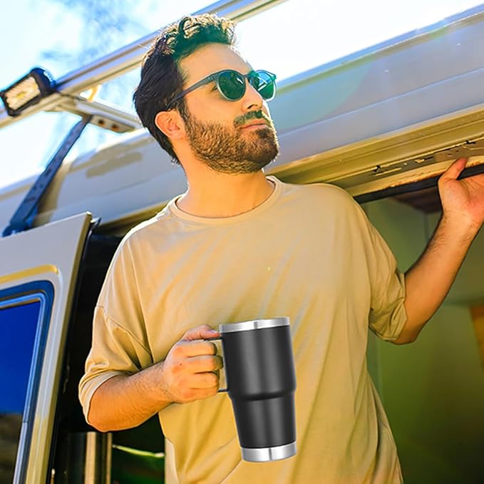 VEGOND 20 oz Tumbler with Handle Lid and Straw, Stainless Steel Insulated Travel Coffee Mug Spill Proof Double Wall Metal Tumbler Cup Keeps Drink Hot and Cold, Black 1 Pack