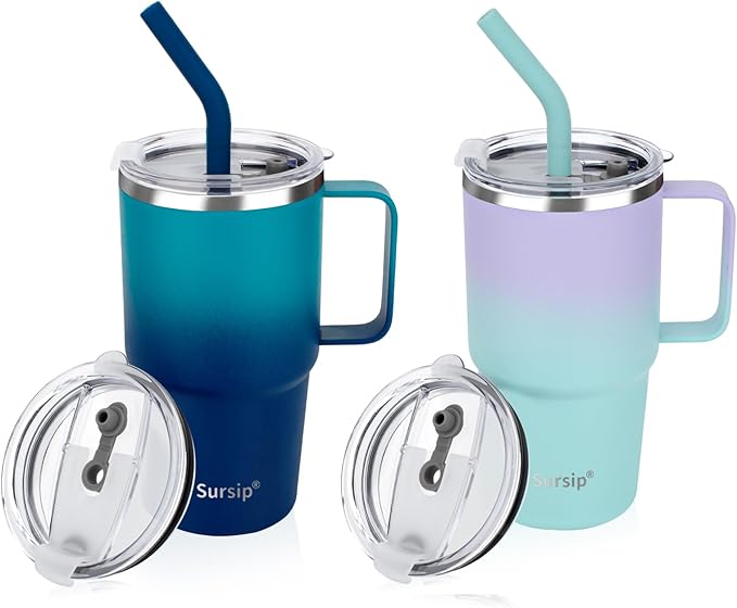 Sursip Insulated Coffee Mug with Handle and Lid, 24 oz Double Wall Vacuum Travel Thermal Coffee Tumbler with Straw for Home, Office & Outdoor Stainless Steel Coffee Cup - Leak proof, BPA Free (2 Pack)