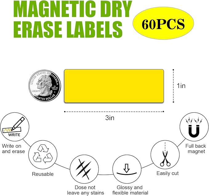 STTMGN Dry Erase Magnetic Labels (1x3,Pack of 60),Write On Magnets Sticker,Real Waterproof/Reusable for Classroom&Office&Cabinet&whiteboard&Fridge&More (White)