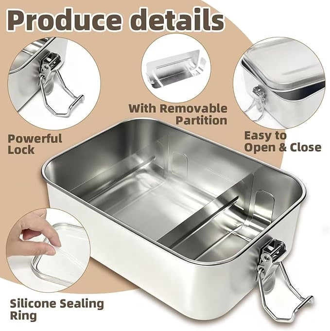 Stainless Steel Lunch Box, 28oz/850ml Metal Bento Box with Removable Dividers, Reusable Food Storage Containers with Lids Leak Proof for Travel, Work, Picnic, Home