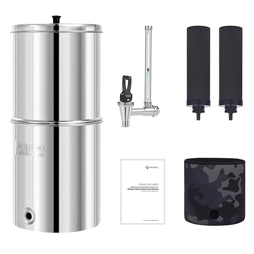 2.25G Gravity Water Filter System, NSF/ANSI 42 Certified, with 2 Black Carbon Filters and Stainless Steel Spigot, Reduce Chlorine, for Home, Camping, RVing, Off-Grid, Emergencies