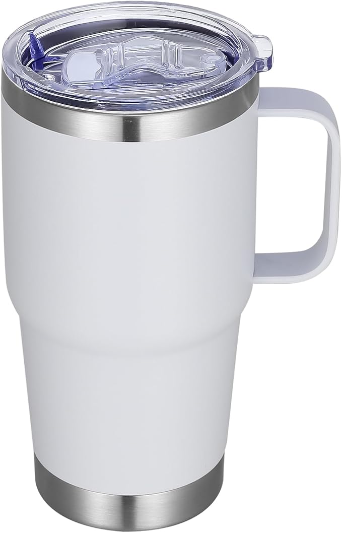 20 oz Stainless Steel Tumbler with Handle Metal Insulated Coffee Travel Mug with Handle Double Wall Tumbler Cup with Lid and Straw, White 1 Pack