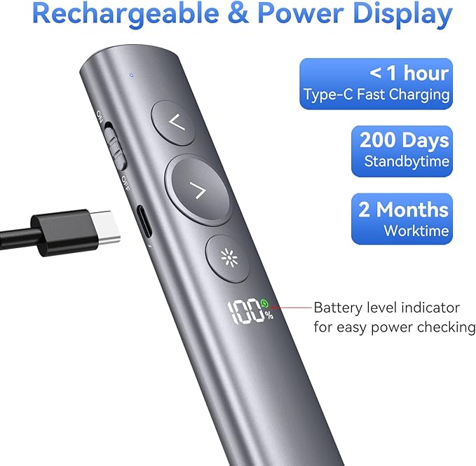(2 Unit) Power Display Wireless Presenter Remote, Rechargeable Presentation Clicker with Red Laser Pointer for PowerPoint, Slide Advancer for Mac, Windows, Laptop, Classroom, Office