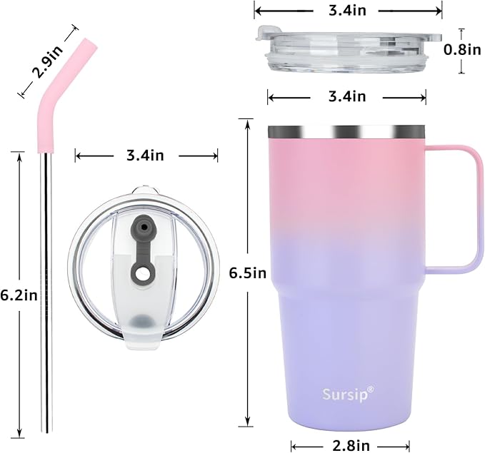Sursip Insulated Coffee Mug with Handle and Lid, 24 oz Double Wall Vacuum Travel Thermal Coffee Tumbler with Straw for Home, Office & Outdoor Stainless Steel Coffee Cup - Leak proof, BPA Free (2 Pack)